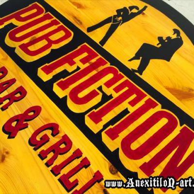 Pub Fiction Bar And Grill Classic Wooden Sign By Anexitilon Savvas Koureas